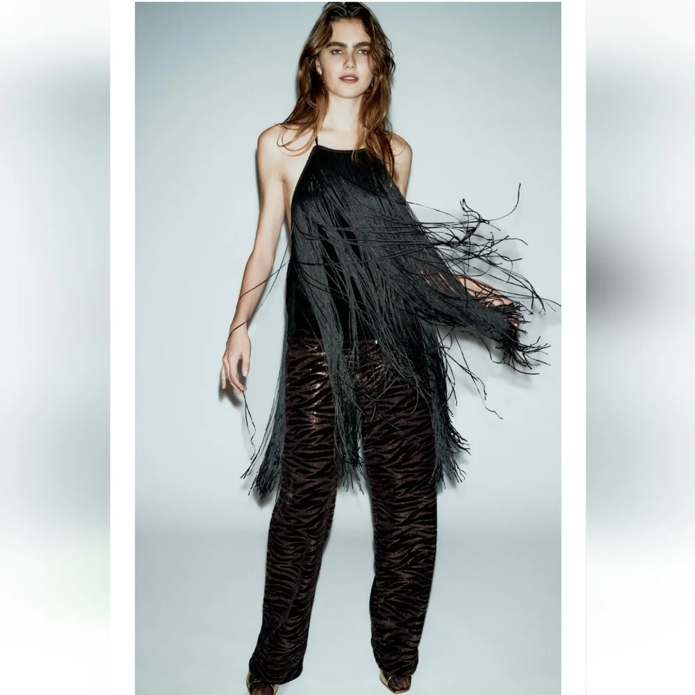 ZARA Fringed Velvet Halter Top Black Size XS S